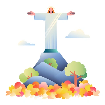The statue of "Christ the Redeemer" is prominently displayed on a mountaintop, towering with its arms outstretched. At its base, there is a thick layer of "golden autumn leaves" covering the ground, creating a vibrant contrast with the statue. The leaves are in various shades of yellow, orange, and red, with some caught in mid-fall, gently drifting down from trees surrounding the area. The sky above is clear, allowing sunlight to illuminate the statue and the colorful foliage, enhancing the warm tones of the leaves below.