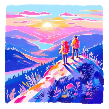 A group of three hikers stands triumphantly at the summit of a mountain, their backpacks resting beside them. The sky is painted with hues of orange, pink, and soft purple as the sun rises on the horizon. Below them, a vast, sprawling landscape unfolds, featuring rolling hills, a dense forest, and a sparkling lake reflecting the morning light. The hikers are wearing outdoor gear, and one is holding a map while another is taking photos with a camera. The crisp mountain air is visible as a light mist begins to rise from the ground.