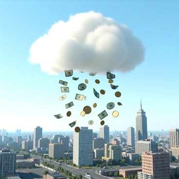 A fluffy white cloud floating in a bright blue sky, softly illuminated by sunlight. The cloud is gently raining various currencies, including dollar bills, euro notes, and yen coins, which are cascading downwards. Below, a bustling cityscape is visible, filled with tall buildings, streets, and small cars. The scene captures the moment as the currencies sprinkle onto the rooftops and sidewalks, creating a whimsical atmosphere.