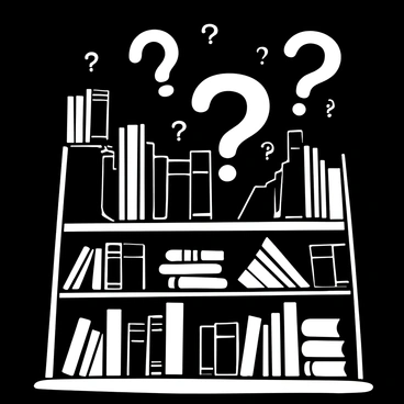 A dimly lit library filled with tall, dark wooden shelves lined with an array of open books. Each book is positioned at various angles, its pages slightly curled as if caught in a gentle breeze. Above the books, multiple large question marks float in the air, rendered in a detailed, ornate style. The dim light casts soft shadows, enhancing the mysterious atmosphere of the scene.