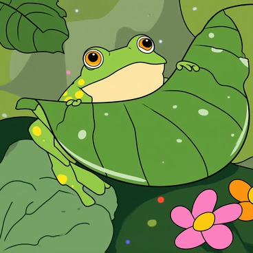 A vibrant green tree frog with bright yellow spots is peeking from behind a large, glossy leaf covered in droplets of water. The frog's large, round eyes are wide open, showcasing its inquisitive expression. The leaf is broad and has intricate veins, creating a rich texture. Surrounding the leaf, there are other smaller green leaves and a few colorful flowers, adding to the lively composition. The background consists of blurred shades of green, suggesting a lush forest habitat.