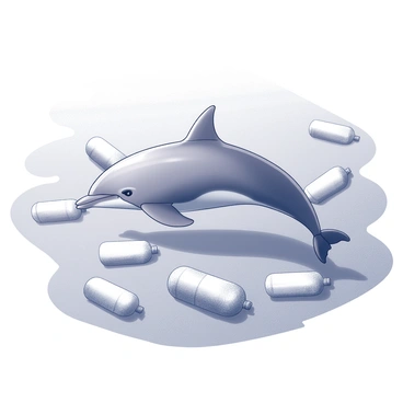 A dolphin is swimming in a clear, undulating ocean. The dolphin is depicted in a dynamic pose, with its body arched gracefully above the water's surface. Surrounding the dolphin are numerous plastic bottles scattered throughout the water, some partially submerged and others floating. The sunlight creates reflections on the water, highlighting the dolphin's streamlined form as it navigates through the debris. The scene conveys the contrast between the playful nature of the dolphin and the environmental pollution represented by the plastic bottles.