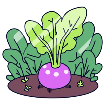 A beetroot is growing in a forest glade, surrounded by lush green foliage. The beetroot has a deep purple-red color, with its rounded top emerging from the rich, dark soil. Shafts of dappled sunlight filter through the leaves above, creating patterns on the ground around the beetroot. Small plants and ferns are scattered nearby, adding to the natural setting of the glade.