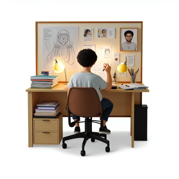 An illustrator with short, curly hair and glasses is seated at a wooden desk, focused on their work. The desk is cluttered with art supplies, including colored pencils, sketchbooks, and paintbrushes. In front of them, there is a large, detailed sketch of a character in progress. Next to the sketch, there is a framed photo of a client, offering inspiration for the illustration. The wall behind the illustrator is adorned with various pieces of artwork and motivational quotes. A warm light from a desk lamp casts a soft glow over the workspace.