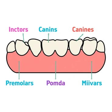 An illustrated dental chart displaying a full set of teeth, including incisors, canines, premolars, and molars. Each type of tooth is clearly labeled with bright and bold text. The chart features a detailed representation of the upper and lower jaw, showcasing the teeth in their natural positions. Each tooth type is depicted with distinct shapes and sizes, including the sharp edges of the incisors and the rounded surfaces of the molars. The background is a light color to enhance readability, making the labels stand out prominently.
