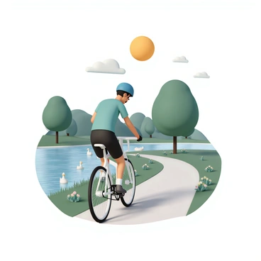 A cyclist, wearing a blue helmet, a green t-shirt, and black shorts, is riding a hybrid bike along a riverbank trail. The bike features a sleek design with thin tires and a comfortable seat. The river beside the trail is calm, with several ducks swimming gracefully in the water. The trail is lined with lush green grass and a few wildflowers, with gentle ripples in the water reflecting the surrounding trees. The sun shines brightly above, creating a vibrant atmosphere as the cyclist pedals along the scenic path.