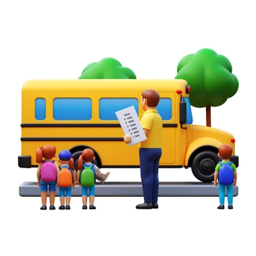 A school bus driver in a bright yellow uniform standing next to a yellow school bus. The driver is holding a clipboard and reviewing a list with names of students. There are several students in colorful backpacks waiting nearby. The bus is parked on a school yard with trees in the background, and it is a sunny day. The driver appears focused and attentive as they ensure all students are accounted for before departure.