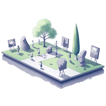 An outdoor art exhibit is set on a floating island surrounded by water. The island features a variety of sculptures strategically placed throughout the landscape, each sculpture showcasing different shapes and textures. Several paintings are mounted on easels and walls, displaying diverse artistic themes. Lush greenery surrounds the exhibit, with trees and shrubs providing a natural backdrop. Visitors can be seen strolling around, admiring the artworks and interacting with each other. A clear sky is visible above, adding to the serene atmosphere of the scene.