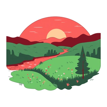 A red sunrise casts a warm glow over a green valley filled with lush grass and scattered wildflowers. Silhouetted against the brightening sky, distant hills rise gently, creating a picturesque backdrop. A tranquil river winds through the valley, reflecting the vibrant colors of the sunrise. In the foreground, a few trees stand with leaves softly illuminated by the morning light.