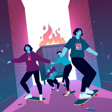 A group of teenagers skateboarding down a narrow alleyway, illuminated by the flickering flames of a dumpster fire. The teenagers have varied skin tones and hairstyles, wearing casual streetwear including graphic t-shirts, hoodies, and sneakers. The alley is lined with graffiti-covered brick walls, and scattered debris can be seen on the ground. In the background, the dumpster is ablaze, sending up orange and yellow flames, creating a stark contrast against the dark surroundings. The glow from the fire casts dynamic shadows as the teens perform tricks on their skateboards, adding a sense of motion to the scene.