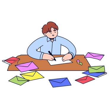 A person sitting at a wooden desk, writing a letter on a sheet of white paper. The person has short brown hair and is wearing a light blue shirt. Surrounding the desk are various colorful envelopes in shades of red, blue, yellow, and green, some of which are slightly open. A pen lies next to the letter, and a small stack of the colorful envelopes is neatly arranged at one side of the desk.