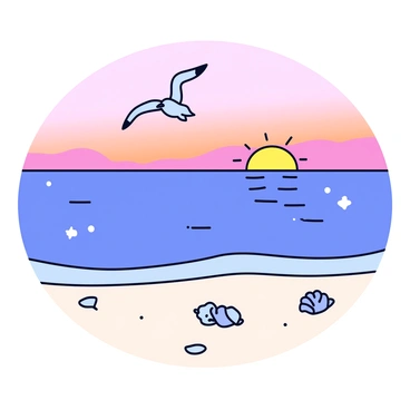 A peaceful ocean scene with gentle waves rolling towards a sandy shore. The sun is setting on the horizon, casting an orange and pink glow across the sky. The ocean reflects the warm colors of the sunset, creating a smooth surface that sparkles with soft light. In the foreground, a few seashells are scattered on the sand, and a single seagull is flying above, silhouetted against the vibrant sky.