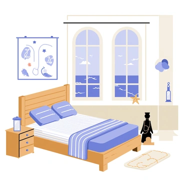 A chambre with nautical decor featuring a blue and white color scheme. The walls are adorned with framed nautical charts and seashells. There is a wooden bed with a striped blue and white bedspread, complemented by matching pillows. A small wooden nightstand holds a lantern and a starfish. The window is large and offers a view of the ocean, with gentle waves and a clear blue sky visible outside. A soft rug with a rope pattern is placed on the wooden floor.
