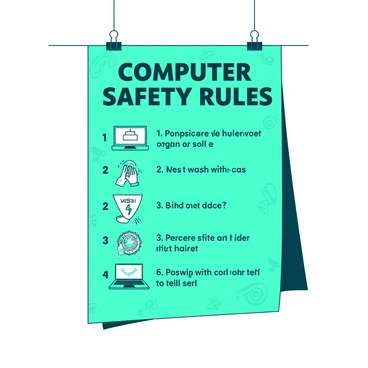 A teal poster is displayed on a white wall in a school lab, featuring a list of safety rules for using computers. The top of the poster has the title "Computer Safety Rules" in large, bold letters. Below the title, there are five numbered rules written in clear, black text. Each rule is accompanied by an icon: the first shows a locked computer screen, the second depicts a pair of hands washing with soap, the third features a power symbol indicating proper shutdown, the fourth depicts a student raising a hand, and the fifth shows a computer with a shield. The background has a subtle pattern of computer-related icons like keyboards and mice, enhancing the educational theme of the poster.