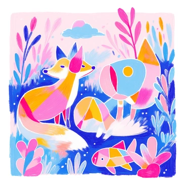 A collection of animal illustrations features various creatures designed using geometric shapes. Each animal is composed of triangles, circles, and squares in soft pastel colors. There is a stylized fox with a triangular body and circular head, a round elephant with rectangular ears, and a segmented fish made from overlapping shapes. The background includes subtle hints of grass and clouds, enhancing the playful theme of the illustrations.