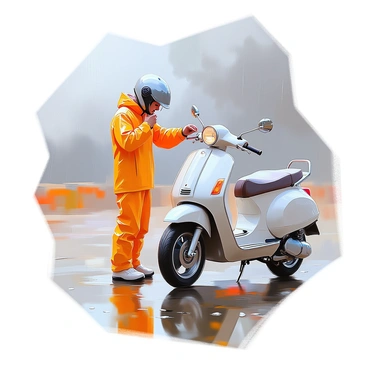 A rider in full rain gear, preparing to ride a moped under a cloudy sky