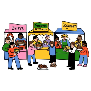 A busy food festival with colorful stalls showcasing various international cuisines. Each stall has vibrant banners displaying the names of the dishes being offered. People of diverse backgrounds and ages are gathered around, tasting samples of food. Some are holding plates filled with different dishes such as tacos, sushi, and pastries. There are food vendors wearing aprons and serving food with smiles. A lively atmosphere is created by the chatter of happy festival-goers and the enticing aromas of different cuisines blending together.