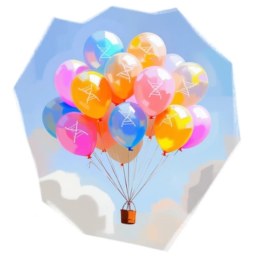 A collection of colorful balloons floating gracefully in a clear blue sky. Each balloon features distinctive patterns of DNA symbols printed on them in various vibrant colors. The balloons vary in size and shape, creating a dynamic arrangement as they drift gently on the breeze. The sunlight casts a warm glow on the scene, highlighting the bright hues and the intricate designs of the DNA symbols.