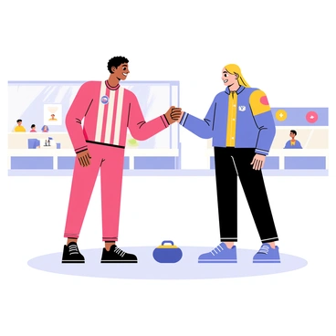 Two curling players in colorful team uniforms are shaking hands in a gesture of sportsmanship. One player has short black hair and is wearing a red jersey with white stripes, while the other has long blonde hair and is dressed in a blue jersey with yellow accents. They stand on a smooth ice surface with a curling stone nearby. The background features a curling rink, with spectators cheering in the stands. The players are smiling at each other, showcasing a spirit of camaraderie and respect.