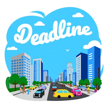 Fluffy white clouds in the blue sky are arranged to form the word "Deadline." Below, a bustling cityscape features tall skyscrapers with reflective glass windows, busy streets filled with colorful vehicles, and people walking on the sidewalks. The scene captures a sense of activity and energy, with some trees lining the streets and a few birds flying in the distance.