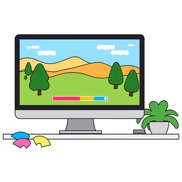 A sleek computer monitor with a thin black bezel is displayed prominently. The screen shows a vibrant illustration filled with bright colors, depicting a whimsical landscape with rolling hills and cartoon-like trees. An animated downloading progress bar at the bottom of the screen indicates that the illustration is in the process of being downloaded, with colorful icons representing the data transfer. The workspace around the computer includes a white desk, a few scattered colorful sticky notes, and a simple potted plant in the background.