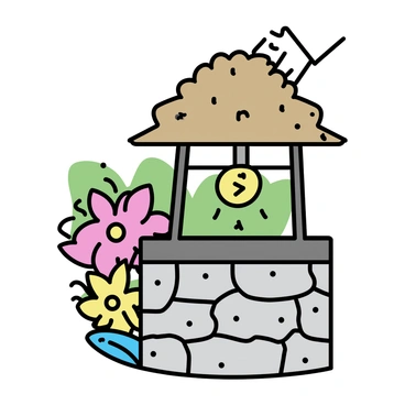 A quaint stone wishing well with a weathered texture, featuring a circular top and a small wooden roof. The well is surrounded by colorful flowers, including bright red and yellow blooms, creating a vibrant scene. A hand is reaching over the edge of the well, with a shiny coin poised in the air, just moments from being tossed into the water below. The background reveals a soft blur of green foliage, emphasizing the tranquility of the setting.