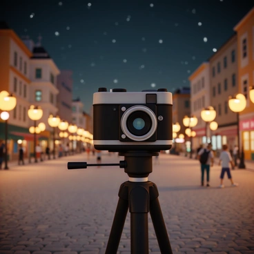 A vintage film camera, positioned on a tripod, is set up in a bustling city square. The camera is black with silver accents, showcasing intricate details. Surrounding the camera, various streetlights cast a warm, golden glow, illuminating the cobblestone pavement. In the background, tall buildings with large windows are faintly visible, reflecting the light. A few passersby can be seen walking in the square, creating a sense of activity under the night sky filled with stars. The atmosphere hints at a vibrant, urban nightlife.