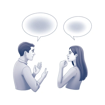 Two individuals engaged in a conversation. One person is gesturing with their hand, conveying a sense of excitement, while the other person is listening intently with a thoughtful expression. Above them, two comic-style speech bubbles emerge, one depicting a vibrant, animated interpretation of the dialogue, while the other contains a contrasting, more serious reflection of the same conversation. The background is simple to emphasize the interaction between the two figures.