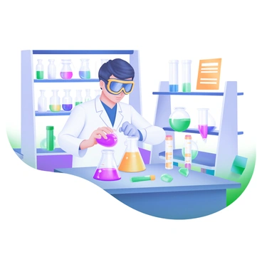 A modern pastel illustration of a scientist wearing a white lab coat and safety goggles, standing at a laboratory bench. The scientist is carefully pouring a vibrant red liquid from a beaker into a test tube, causing a colorful reaction. Surrounding the scientist are various beakers and test tubes filled with liquids in shades of blue, green, and yellow. The laboratory is bright and clean, with shelves lined with scientific equipment and colorful charts pinned to the walls.
