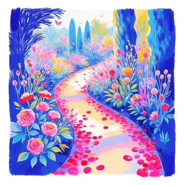 A winding garden path curves through a vibrant garden. The path is covered with lush red rose petals, creating a vivid contrast against the earthy tones of the walkway. On either side of the path, various colorful flowers bloom in abundance, adding to the richness of the scene. Tall green plants and shrubs provide a lush backdrop, while sunlight filters through the leaves, casting dappled shadows on the ground. A few butterflies can be seen fluttering among the flowers.