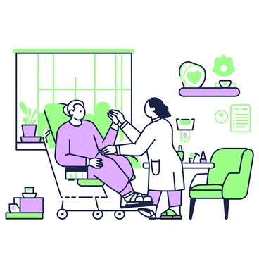 A patient is sitting on an examination table in a clinic. The patient, a middle-aged man, is wearing a light blue hospital gown. He has a calm expression while a healthcare professional, dressed in a white lab coat, is preparing medical equipment next to him. The room has soft green walls and a large window allowing natural light to stream in, highlighting a few potted plants on a nearby shelf. There are posters on the walls detailing health information, and a comfortable chair is positioned in the corner. A small table holds a box of tissues and a glass of water.