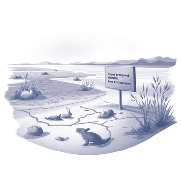 A poster featuring a landscape affected by drought. The ground is cracked and dry, with patches of parched earth visible. In the foreground, a few small animals, such as a rabbit and a lizard, are struggling to find refuge and water. Sparse vegetation, such as wilted grass and a few struggling shrubs, dot the landscape. In the background, a once flowing river is now reduced to a shallow trickle, with exposed rocks and sandbanks visible. The sky is depicted as overcast, suggesting an impending drought. A small sign is included, stating "Impact of Drought on Wildlife and Environment" in clear lettering at the top.