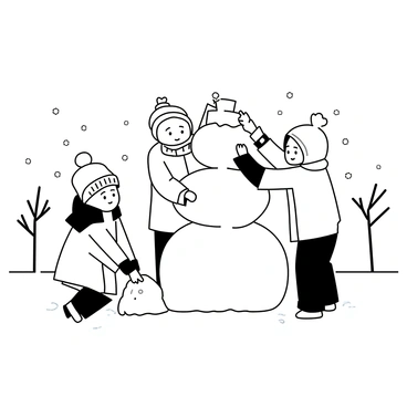 A group of three kids is outside on a snowy day, working together to build a large snowman. One child, wearing a bright winter coat and a knitted hat, is rolling a snowball to form the snowman's base. The second child, with mittens and a scarf, is stacking another snowball on top, while the third child, dressed in a colorful snowsuit, is reaching up to place a carrot for the snowman's nose. Snow is gently falling around them, and the ground is covered in a thick layer of white snow. In the background, there are bare trees and a clear sky.