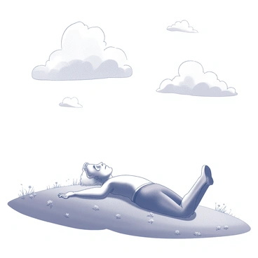 A person lying on a grassy hill. The figure is reclined, gazing up at the sky, with their arms stretched out beside them. The hill is gently rolling, covered in lush grass, with a few wildflowers scattered among the blades. Above, clouds are drifting across the sky and transforming into fantastical shapes. Some clouds resemble mythical creatures, while others take on imaginative forms. The overall scene captures a moment of wonder and contemplation.