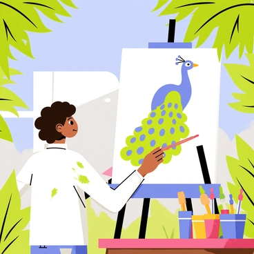 An artist with curly brown hair is standing in front of a large canvas, focused intently on painting a colorful peacock. The canvas displays a vibrant peacock with iridescent green and blue feathers. Around the artist are various art supplies, including paintbrushes and tubes of paint scattered on a wooden table. The open-air studio is surrounded by lush greenery and a clear blue sky above, creating a lively atmosphere. The artist is wearing a white shirt splattered with paint, and there is a gentle breeze causing the leaves to rustle in the background.