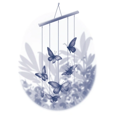 A wind chime composed of several papillon butterflies, each featuring intricately detailed wings, hangs from a sturdy crossbeam. The butterflies are arranged in a cascading pattern, with their wings slightly spread. As the breeze flows, the butterflies gently sway, creating a soft tinkling sound. The scene includes a serene outdoor setting with the chime positioned against a backdrop of blurred greenery. Sunlight filters through the leaves, casting dappled shadows on the ground below.