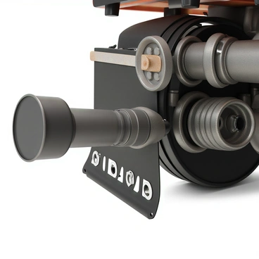 A close-up view of a truck's exhaust system, featuring intricate metal pipes and components. The exhaust pipe is prominently displayed, with visible emissions represented as a grayish plume of smoke emerging from the end. The metal surfaces of the pipes show signs of wear and corrosion, adding texture to the scene. The background is softly blurred to emphasize the exhaust system in detail.