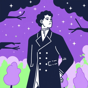 A man with dark, wavy hair is standing in a contemplative posture beneath a starry night sky. He is dressed in a vintage black coat with a high collar, and he has a serious expression on his face as he gazes upward. The stars twinkle brightly above him, creating a striking contrast against the dark sky. In the background, there are silhouettes of trees, casting elongated shadows on the ground. His hands are clasped behind his back, and he appears lost in thought, embodying a moment of reflection.