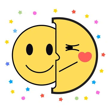 A whimsical illustration featuring two distinct emoji faces merging into one unique expression. The left side of the face is a classic smiling emoji with bright yellow skin and large round eyes, while the right side features a winking emoji with a playful smirk and one eye closed. The combined expression shows a blend of happiness and mischief, with vibrant colors enhancing the playful nature. The background is a bright, cheerful setting filled with small colorful stars and hearts that accentuate the fun and creativity of the design.