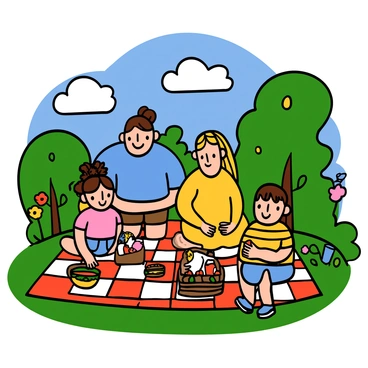 A cartoon family sitting on a red and white checkered blanket in a vibrant green park. The family includes a light-skinned father with short brown hair, wearing a blue t-shirt and khaki shorts, and a light-skinned mother with long blonde hair in pigtails, wearing a yellow dress. They have two children: a light-skinned girl with big eyes and curly hair, wearing a pink t-shirt and denim shorts, and a light-skinned boy with big eyes and straight brown hair, wearing a striped shirt and blue shorts. There are a variety of picnic foods spread out on the blanket, including sandwiches, fruit, and drinks. A clear blue sky and fluffy white clouds are visible above, with colorful flowers and green trees surrounding the scene.