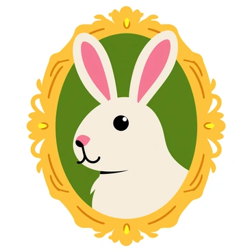 A rabbit head is featured in the center of a decorative golden frame. The frame is intricately designed with swirling patterns and small floral motifs. The rabbit has large, expressive eyes and soft fur, giving it a detailed appearance. The background of the frame is a deep green, providing a vivid contrast to the golden color and highlighting the rabbit's features. The overall composition resembles a classic portrait, emphasizing the rabbit's significance in the artwork.