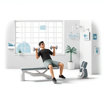 A sleek, high-tech home gym with modern equipment and a clean design. In the center, a person is performing a dumbbell bench press on a futuristic bench, which has a metallic finish and ergonomic shape. The individual is wearing a fitted black workout shirt and gray shorts, focused on lifting the dumbbells, which are silver and streamlined. Large windows allow natural light to flood the space, highlighting the advanced technology and minimalist decor of the gym. Various fitness gadgets and screens are mounted on the walls, showing workout statistics.