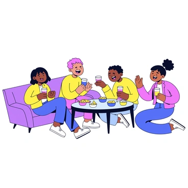 A group of four friends gathered around a coffee table, engaged in a lively game. They are sitting on a cozy couch and the floor, with two of them leaning forward, excitedly cheering. Each friend has a drink in hand, with colorful cups filled with various beverages, alongside bowls of snacks like chips and popcorn scattered on the table. The friends are expressing joy, with wide smiles and laughter, creating a warm and inviting atmosphere.