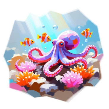A playful octopus with a rich array of colors, including shades of blue and purple, is engaging with several curious small fish that swim close by. The octopus has its tentacles gracefully extending and curling around colorful coral formations. Surrounding them is a vibrant coral reef filled with various types of corals in hues of orange, pink, and green. Sunlight filters through the water, casting light patterns on the sea floor, while bubbles rise in the background from the playful interactions.