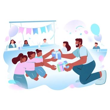 A volunteer is kneeling down with a warm smile while handing out colorful wrapped gifts to a group of children. The children are excitedly reaching out to receive the gifts, their hands eagerly stretching forward. The scene is set in a vibrant community park, with festive decorations like balloons and streamers in pastel colors around them. There are tables filled with more gifts in the background, and some parents are watching the joyful interaction. Bright, colorful banners are visible, adding to the cheerful atmosphere of the event.