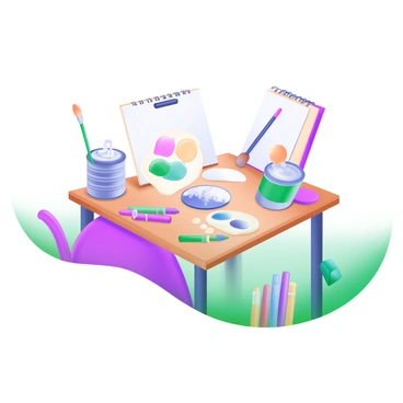 An uneven table covered in art supplies, with things teetering on the edge ready to fall.