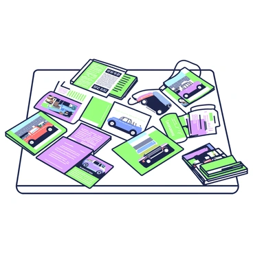 A table is covered with a spread of vintage car brochures and pamphlets. Each brochure is folded and features colorful images of classic cars from different eras. The brochures are arranged haphazardly, showcasing various models, including a convertible, a sports car, and a sedan. Some pamphlets are partially opened, revealing detailed descriptions and specifications. The table itself has a polished wood surface, serving as a contrasting backdrop to the vibrant designs of the brochures. There are also a couple of car magazines stacked to one side, adding to the nostalgic atmosphere.