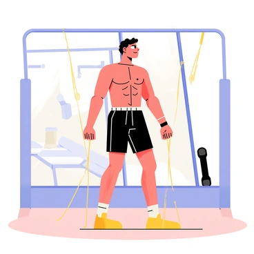 An athletic individual performing cable crossovers in a gym. The person is standing with arms extended out to the sides, gripping the cables. Their reflection is clearly visible in the large gym mirror behind them. The gym has a variety of fitness equipment in the background, including weights and exercise mats. The lighting is bright, highlighting the determined expression on the athlete's face and the defined muscles in their arms and torso. The floor is a polished hardwood, adding to the overall dynamic atmosphere of the gym.