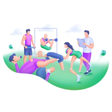 A group of athletes from a sports team engaging in practice on a grassy training field. Some players are performing strength drills, such as lifting weights and doing push-ups, showcasing their well-defined muscles. Another player is sprinting, demonstrating speed and agility. In the background, a coach observes the practice while holding a clipboard, providing guidance. The scene is filled with energy and focus as the players collaborate and encourage each other during their training session. The sky is clear, and the sun casts soft shadows on the ground.