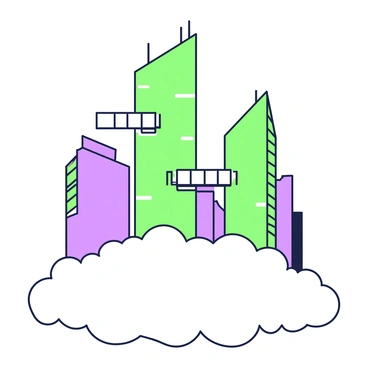 A group of skyscrapers rises above the ground, partially shrouded in clouds. Each building is connected by transparent glass walkways, creating a network of pathways in the sky. The skyscrapers vary in height and design, with sleek, modern facades. The glass walkways span between the buildings, allowing for easy access between them. Below, the ground is barely visible through the thick layer of clouds, enhancing the sense of height and elevation.